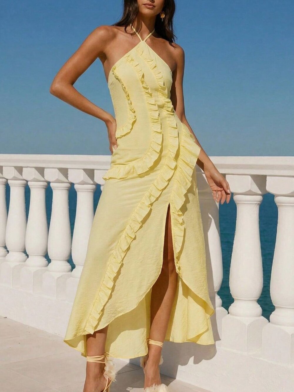 Yellow Romantic Women's Maxi Dress with Halter Neck